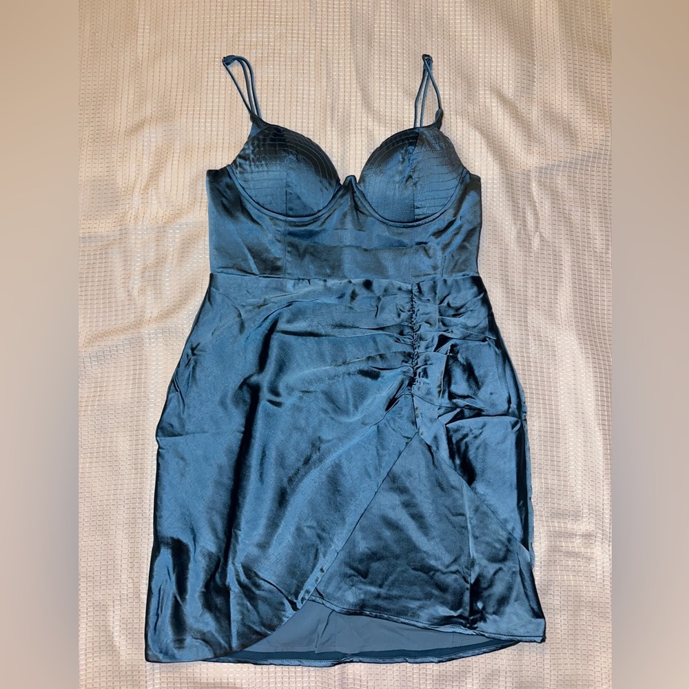 selfie leslie blue satin short dress